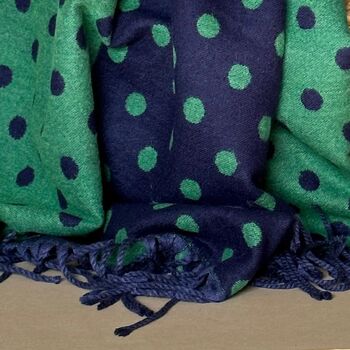 Cashmere Blend Spots Scarf In Green And Navy Blue, 3 of 5