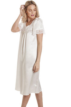 British Made Ivory Short Sleeved Satin Nightdress With Lace Detail Ladies Size 8 To 28 UK, 2 of 5