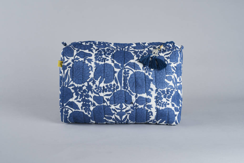 Amritsar Floral Blue Pattern Quilted Cotton Wash Bag, 1 of 2