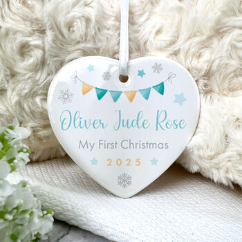 My First Christmas Baby Boy Garland Ceramic Heart Hanging Decoration + Gift Box, 3 of 7