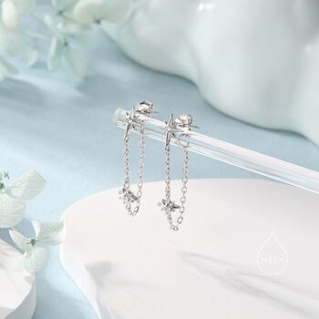 Sterling Silver Starburst Cz Dangle Chain Stud Earrings, 2 of 12