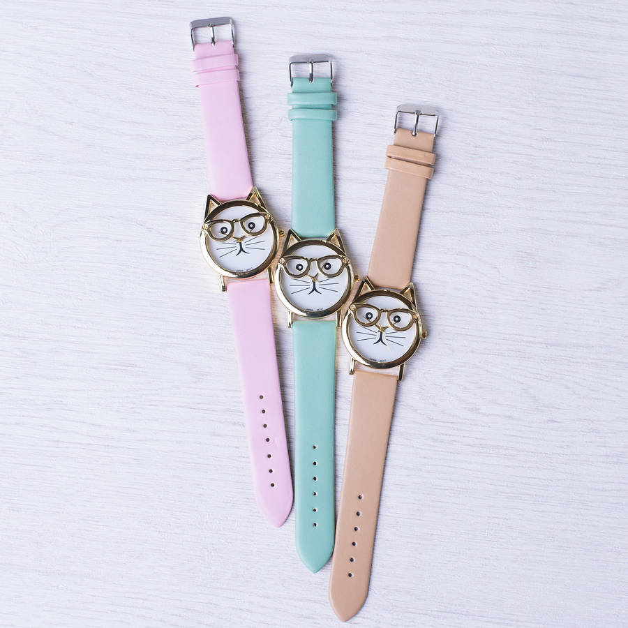 Pastel Colours Kitty With Glasses Watch By Jacob Noah Personalised