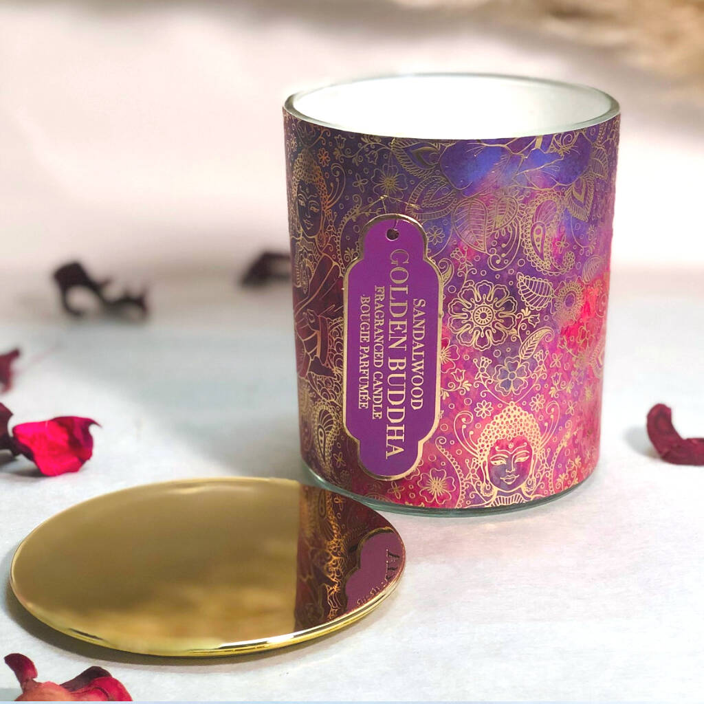 Scented Candle In Golden Glass Jar With Gold Lid By The Happy Place