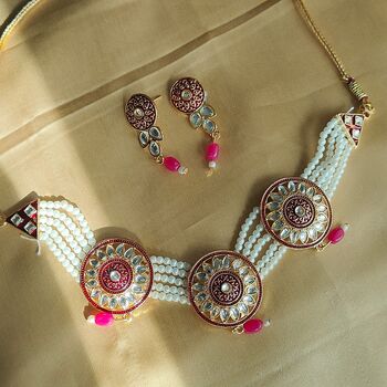 Red Round Kundan Ethnic Pearl Bridal Choker Set, 11 of 11