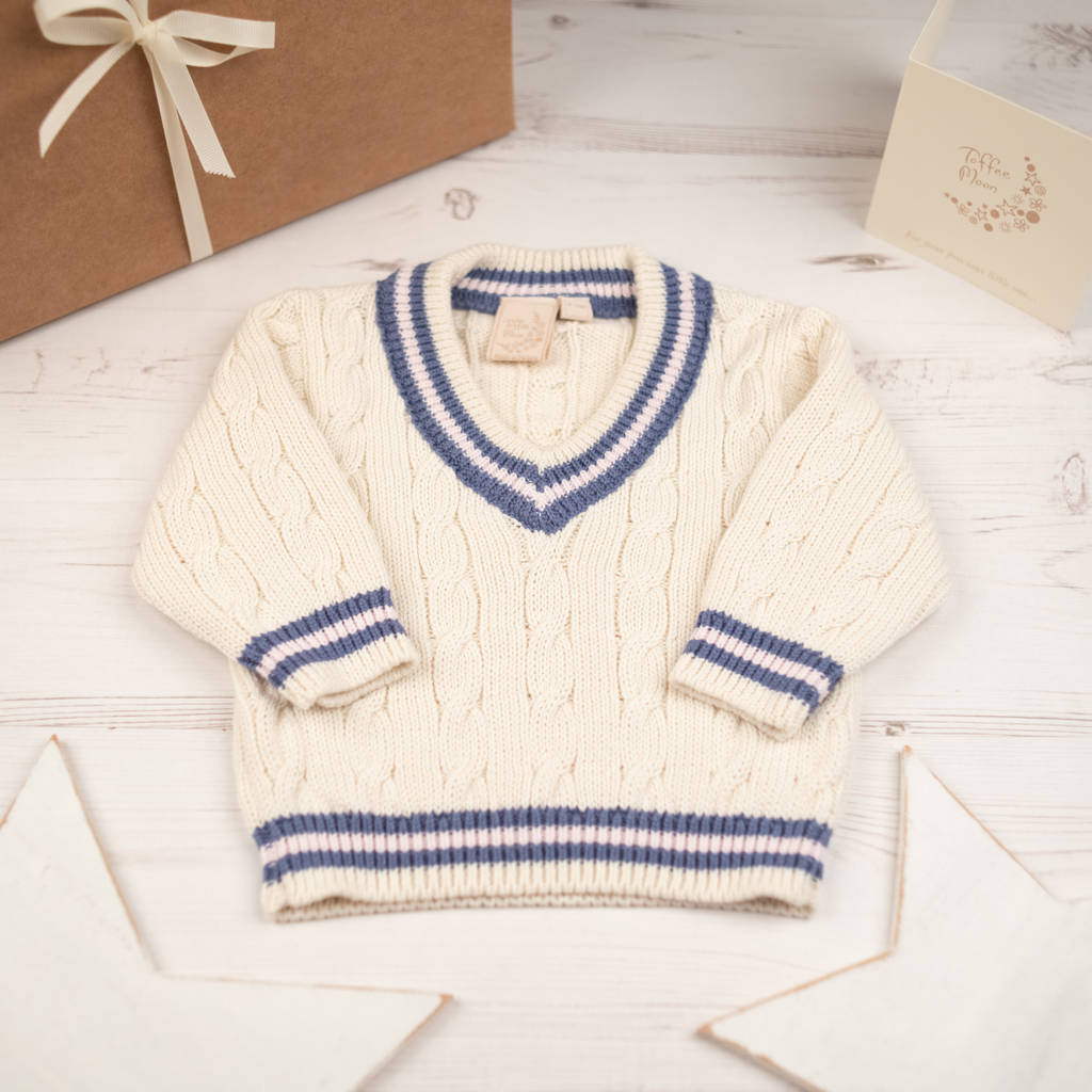 personalised baby boy cricket jumper by toffee moon