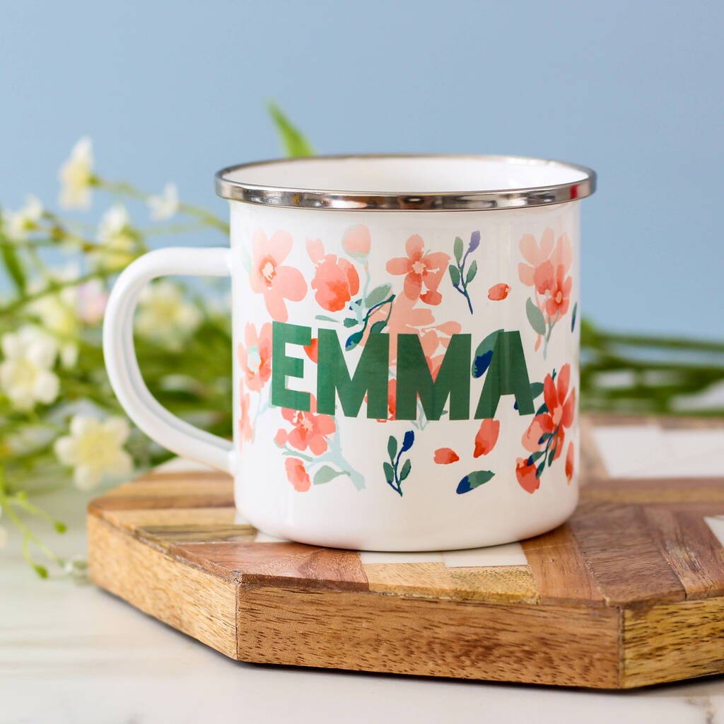 Personalised Floral Name Enamel Mug, 1 of 2
