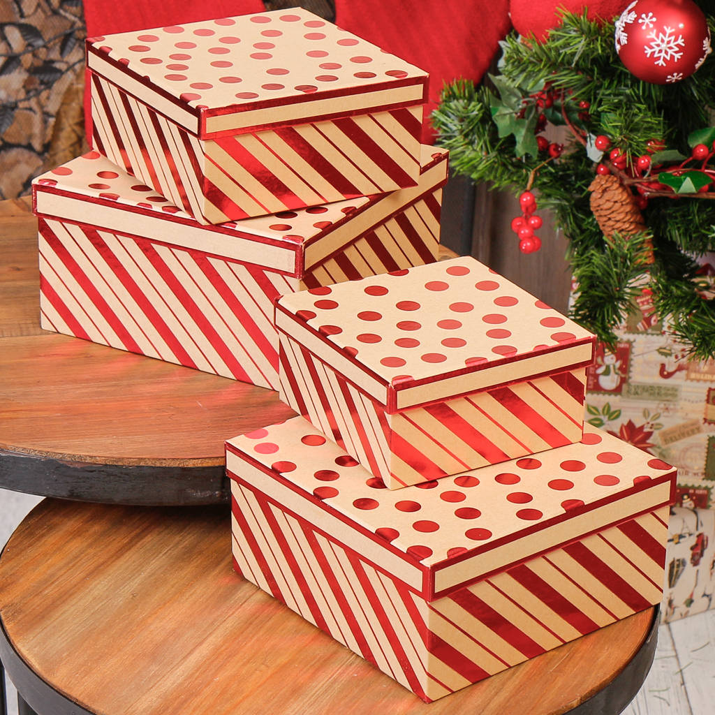 S/Four Craft Red Spots And Stripe Gift Boxes By Dibor