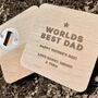 Personsalised Wooden Oak Beer Opener Coaster Gift, thumbnail 1 of 4