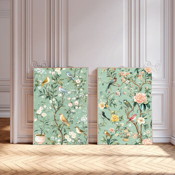 Set Of Two Chinoiserie Green Floral Bird Art Prints, 2 of 4