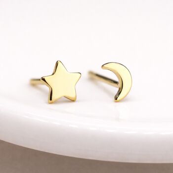 Gold Plated Sterling Silver Mismatched Moon And Star Stud Earrings – 5mm, 2 of 6