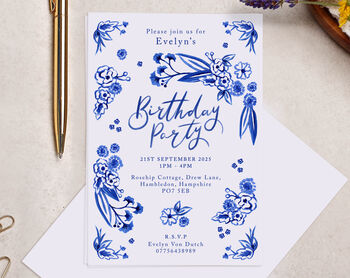 Personalised A6 Blue Floral Birthday Party Invitation, 3 of 3