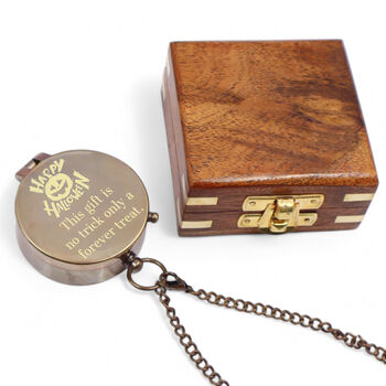 Personalised Halloween Compass With Leather Case Or Wooden Box, 2 of 9