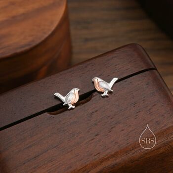 Robin Bird Stud Earrings With Partial Rose Gold Coating, 5 of 10