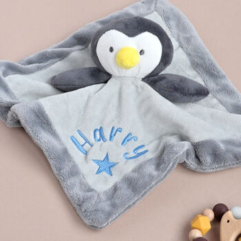 Personalised Grey Penguin Baby Comforter, 2 of 6
