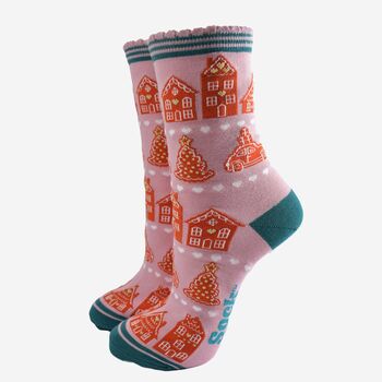 Women's Bamboo Socks Pink Gingerbread Village, 2 of 5