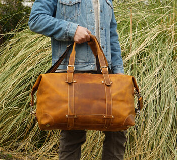 Genuine Leather Weekend Bag With Leather Straps Detail, 2 of 11