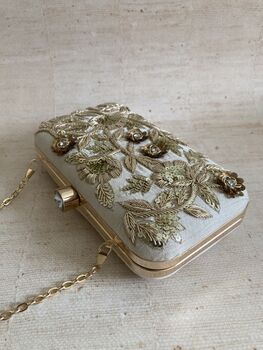 Cream Gold Embroidered Rectangular Clutch Bag, 7 of 10