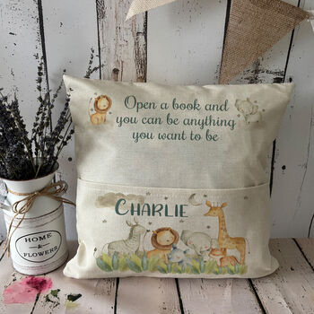 Personalised Jungle Animals Pocket Pillow, Kids Reading Cushion, 2 of 2
