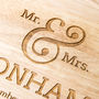 Personalised Mr And Mrs Wedding Date Round Bread Board, thumbnail 2 of 5