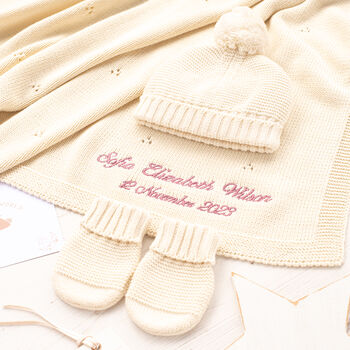 Toffee Moon Cream Pointelle Baby Blanket And Booties, 10 of 12