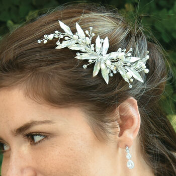 Nieva Silver Plated Willow Leaf Bridal Hair Clip, 4 of 7