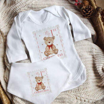 Personalised ‘My 1st Christmas’ Postage Stamp Bear Outfit, 3 of 5