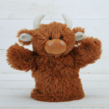 Brown Highland Cow Hand Puppet With Personalised Tag, 5 of 6