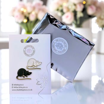 Two Piece Black And White Rat Mouse Enamel Pin Brooch Set, Lapel Badge Gift For Animal Lovers And Rat Owners, 2 of 8