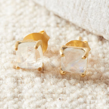 Moonstone Square Cut 18 K Gold And Silver Studs, 7 of 12