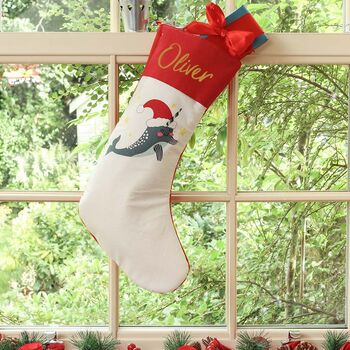 Joyeux Narwhal Personalised Cotton Christmas Stocking, 3 of 7