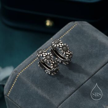 Sterling Silver Oxidised Silver Daisy Flower Chain Huggie Hoop Earrings, 2 of 10