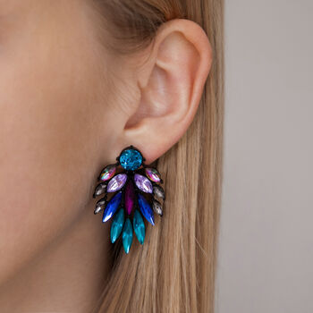 Peacock Colour Crystal Leaf Drop Earrings, 2 of 5