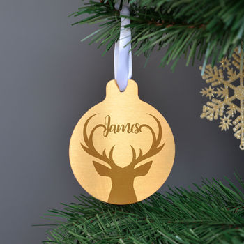 Personalised Silver Or Gold Metal Stag Christmas Bauble, 4 of 4