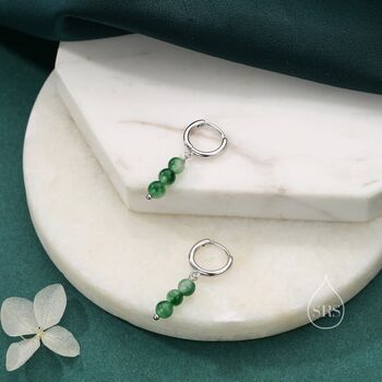 Sterling Silver Genuine Moss Agate Trio Huggie Hoop Earrings, 3 of 10