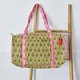 Block Printed Green And Pink Floral Quilted Duffle Bag, thumbnail 1 of 5
