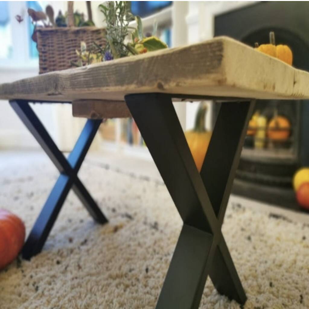 Reclaimed Wood Coffee Table With X Legs By Plane & Sanded