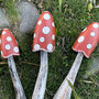 Set Of Three Wooden Red Mushrooms For Garden, thumbnail 1 of 10