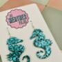 Teal Large Seahorse Glitter Resin Earrings, thumbnail 2 of 4