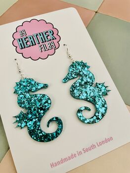Teal Large Seahorse Glitter Resin Earrings, 2 of 4