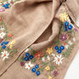 Hand Embroidered 100% Linen Scarf In Soft Brown Floral, thumbnail 3 of 5