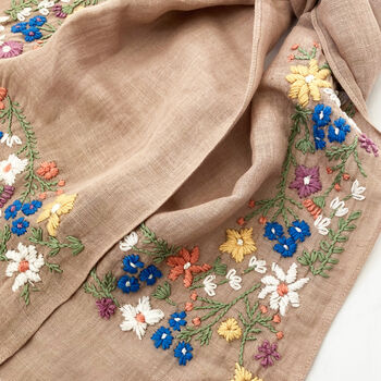 Hand Embroidered 100% Linen Scarf In Soft Brown Floral, 3 of 5