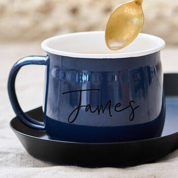 Personalised Navy Blue Enamel Mug, 2 of 3