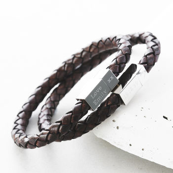 Men's Square Leather Engraved Bracelet, 4 of 7