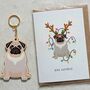 Pug Dog Wooden Keyring With Optional Christmas Card, thumbnail 2 of 8