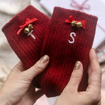 Personalised Christmas Wool Bed Socks With Bells Gift, 2 of 4