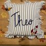 Hand Embroidered Personalised Cushion Blue Stripe With Frill Trim, thumbnail 1 of 8