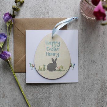 Personalised Easter Rabbit Wooden Decoration And Card, 3 of 5