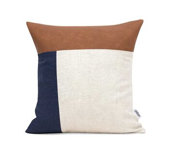 Modern Color Block Pillow Cover Linen Vegan Leather, 3 of 9