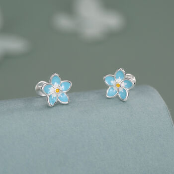 Sterling Silver Forget Me Not Flower 16 G Flat Back Stud Earring, 3 of 10
