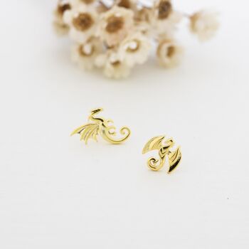 Tiny Mismatched Dragon Stud Earrings In Sterling Silver, 4 of 11